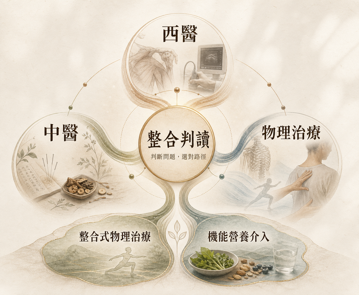 悅衡三軸整合架構圖：西醫、中醫、物理治療與兩大跨軸支援能力